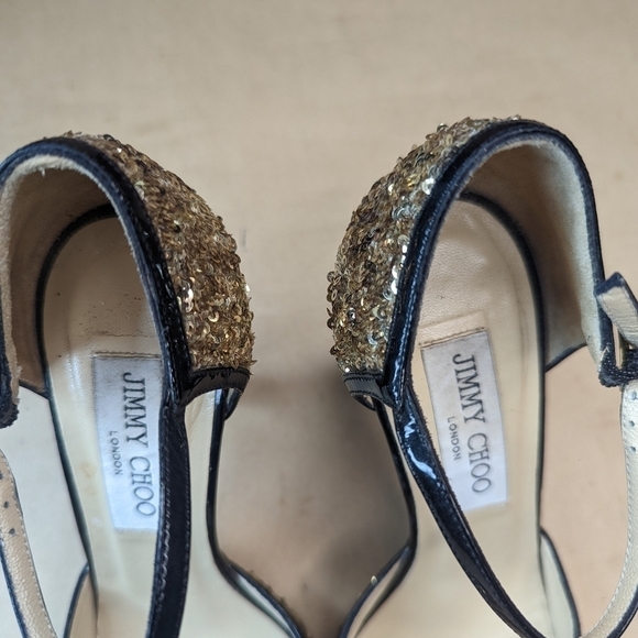 Jimmy Choo London women's 3.5" Heels Size 36 . Golden sequins and black patent l - Picture 4 of 11